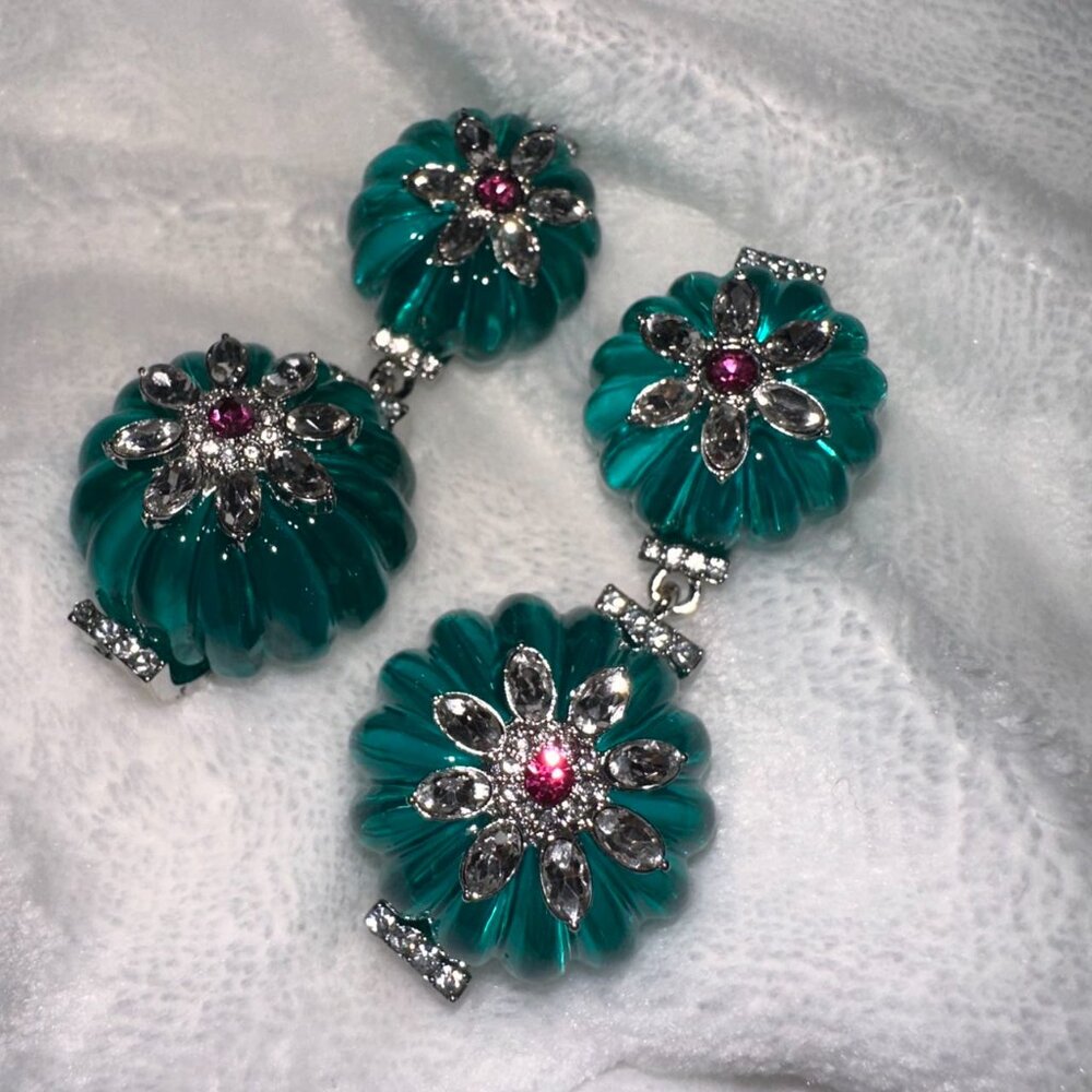 Vintage Silver Teal Fluted Dangle Earrings Crystal Flower